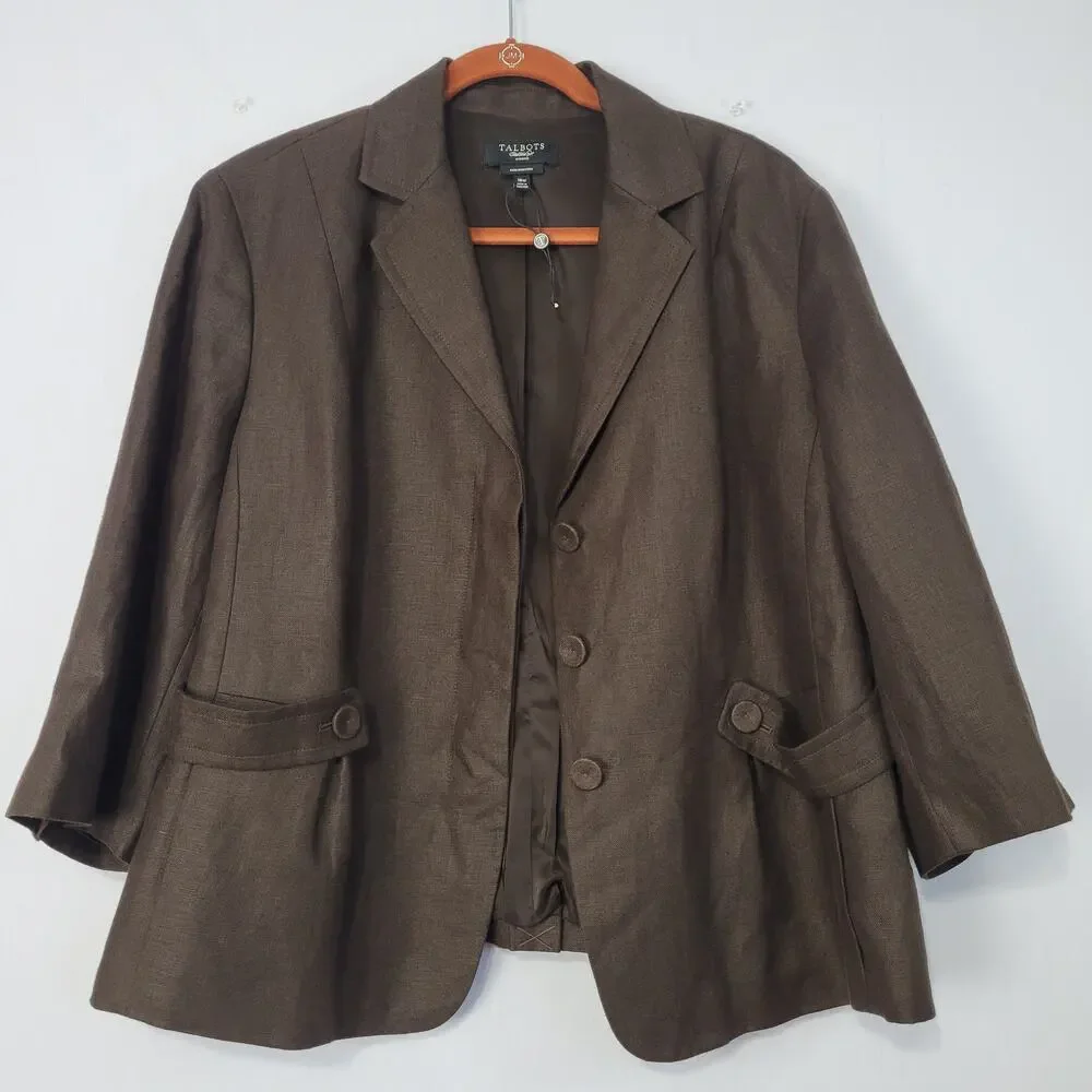Talbots Pure Irish Linen Blazer size 18W Brown Office Career Wear Minimalist New